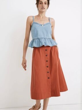 NWT Madewell Russet Poplin Pleated Button-Front Midi Skirt Womens Sz 6.